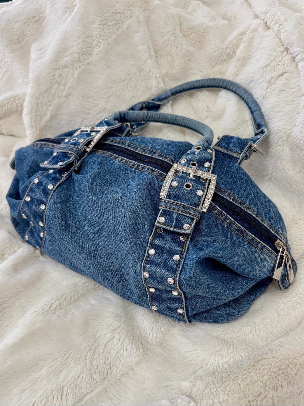 Denim Studded Shoulder Bag - Blue